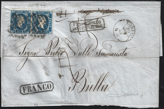 BO23-1 1853 - Lettera spedita da Torino per Biella affrancata con c. 20 azzurro IV  riporto coppia orizzontale (2)