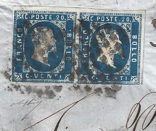 BO23-1 1853 - Lettera spedita da Torino per Biella affrancata con c. 20 azzurro IV  riporto coppia orizzontale (2)