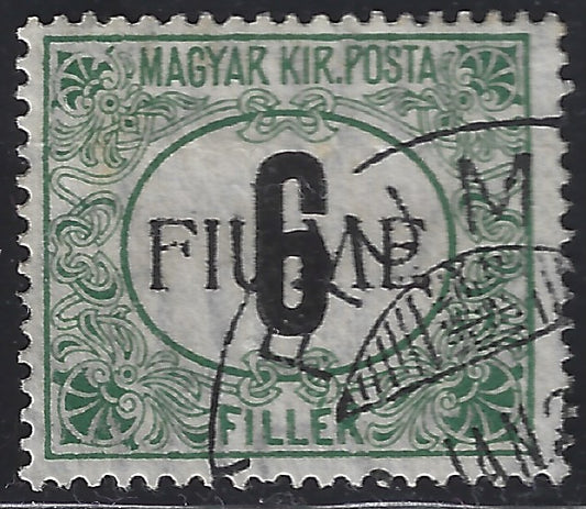 BO23-23 - 1918 - Segnatasse d'Ungheria 6 filler nero e verde filigrana C con soprasampa FIUME a macchina usato (C1).