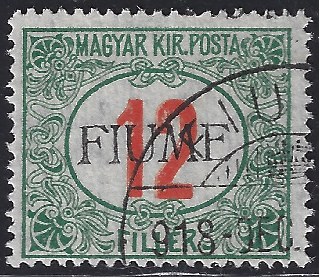 BO23-24 - 1918 - Hungarian tax postmarks 12 green and red fillers with FIUME hand overprint of the 5th type used (9/V).