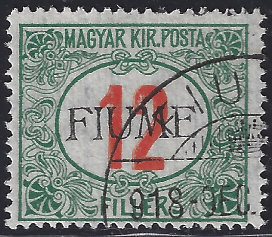 BO23-24 - 1918 - Segnatasse d'Ungheria 12 filler verde e rosso con soprasampa FIUME a mano del V tipo usato (9/V).