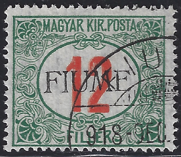 BO23-24 - 1918 - Segnatasse d'Ungheria 12 filler verde e rosso con soprasampa FIUME a mano del V tipo usato (9/V).