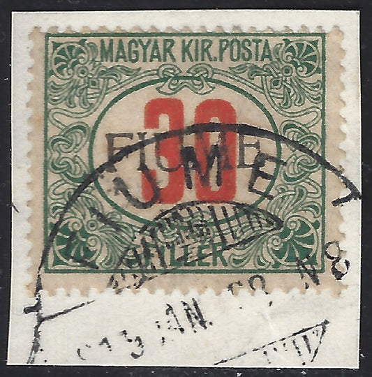 BO23-26 - 1918 - Hungarian tax postmarks 30 green and red fillers with FIUME hand overprint of the used type III (12III).