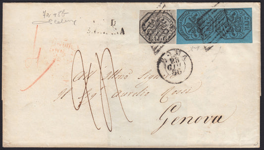 BO23-29 1856 - Carta enviada desde ROMA a Génova el 28/6/56 franqueada con 6 baj grises + 7 baj celeste impresión gris-oleosa par vertical (7a + 8b)