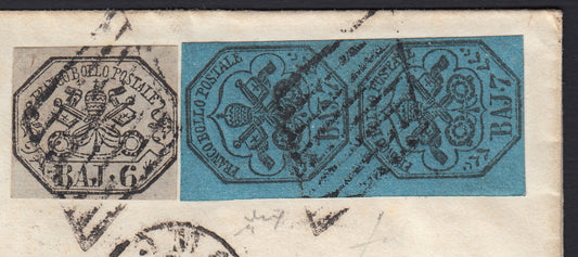 BO23-29 1856 - Lettera spedita da ROMA per Genova 28/6/56 affrancata con 6 baj grigio + 7 baj azzurro stampa grigio-oleosa coppia verticale (7a + 8b)