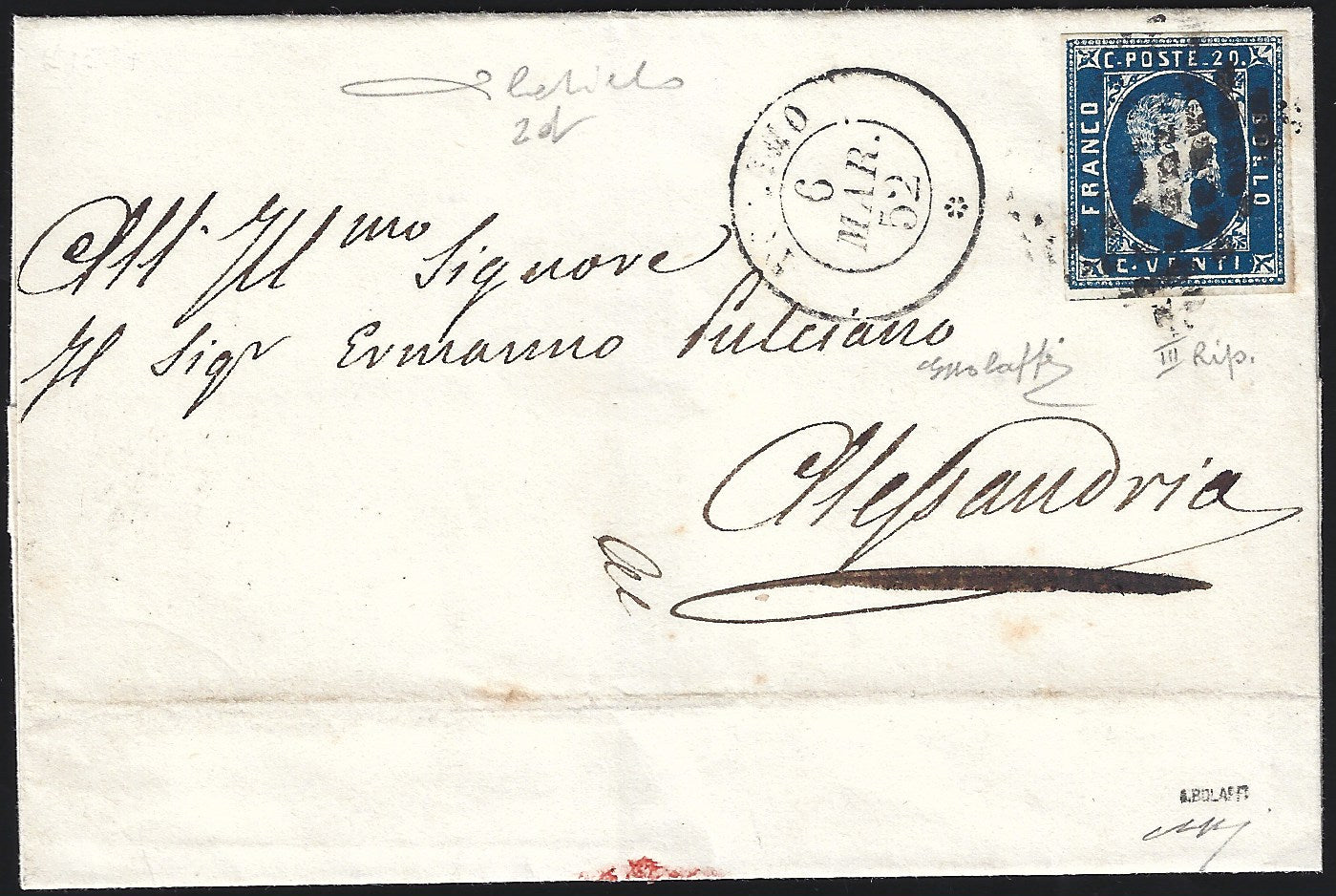 BO23-2 1852 - Lettera spedita da Torino per Alessandria affrancata con c. 20 azzurro vivo III riporto, splendida (2d)