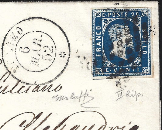 BO23-2 1852 - Letter sent from Turin to Alessandria franked with c. 20 bright blue III carryover, splendid (2d)