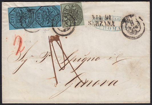 BO23-30 1855 - Lettera spedita da ROMA per Genova 8/5/55 affrancata con 1 baj grigio verde stampa oleosa + 7 baj azzurro coppia verticale (2b + 9)