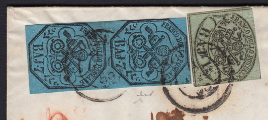 BO23-30 1855 - Lettera spedita da ROMA per Genova 8/5/55 affrancata con 1 baj grigio verde stampa oleosa + 7 baj azzurro coppia verticale (2b + 9)