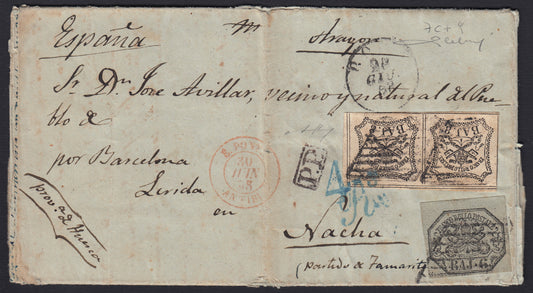 BO23-31 1858 - Lettera spedita da ROMA per Nacha (Spagna) 28/6/58affrancata con 6 baj grigio stampa oleosa + 8 baj bianco coppia (7c + 9)