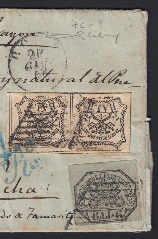 BO23-31 1858 - Carta enviada desde ROMA a Nacha (España) 28/6/58 franqueada con 6 estampas baj grises + 8 pares baj blancos (7c + 9)