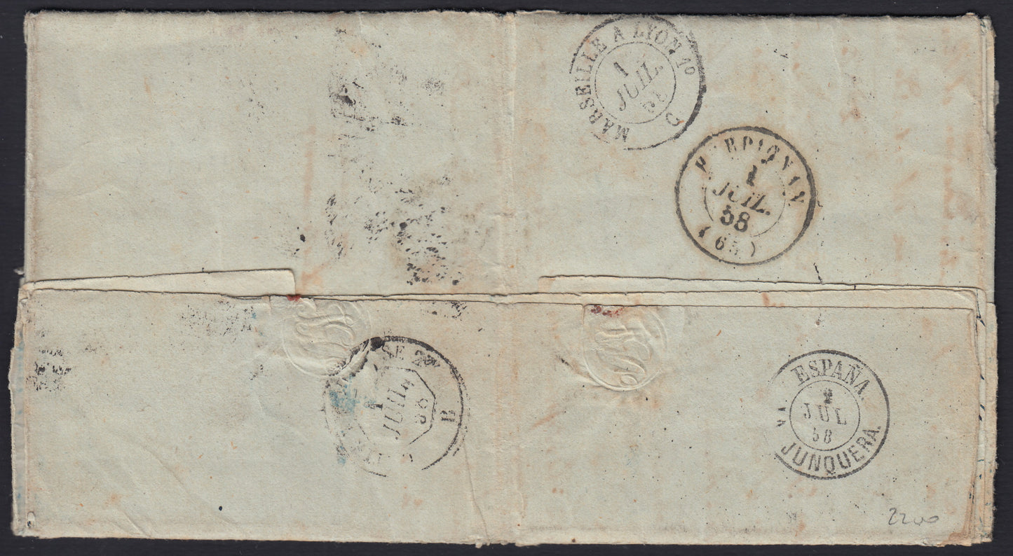 BO23-31 1858 - Lettera spedita da ROMA per Nacha (Spagna) 28/6/58affrancata con 6 baj grigio stampa oleosa + 8 baj bianco coppia (7c + 9)