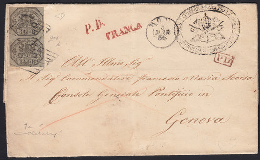 BO23-33 1856- Lettera spedita da ROMA per Genova 5/3/56 affrancata con 6 baj grigio stampa oleosa coppia (7c)