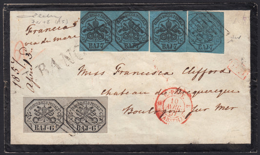 BO23-34 1857- Letter sent from Rome to Boulogne 8/4/57 franked with 6 gray pair baj + 7 pair baj + two singles (7a + 8)