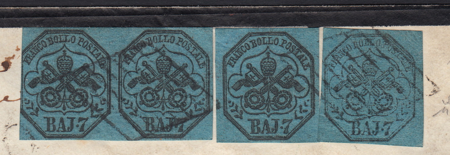 BO23-34 1857- Lettera pedita da Roma per Boulogne 8/4/57 affrancata con 6 baj grigio coppia + 7 baj coppia + due singoli (7a + 8)