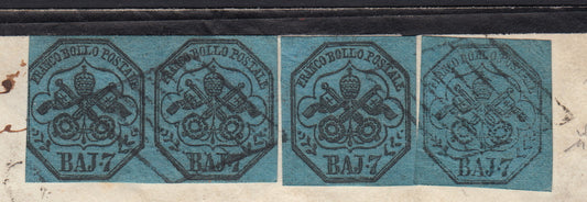BO23-34 1857- Carta enviada desde Roma a Boulogne el 4/8/57 franqueada con 6 pares baj grises + 7 pares baj + dos sencillos (7a + 8)