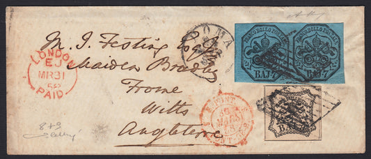 BO23-35 1858- Lettera spedita da Roma per Londra affrancata con 7 baj azzurro coppia orizzontale + 8 baj bianco (8 + 9)
