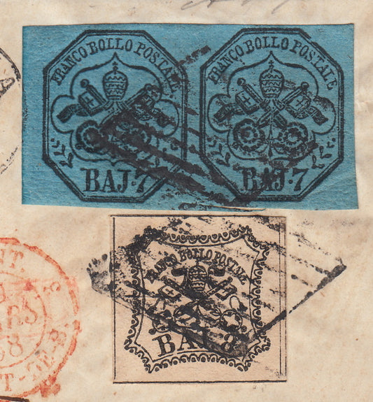 BO23-35 1858- Lettera spedita da Roma per Londra affrancata con 7 baj azzurro coppia orizzontale + 8 baj bianco (8 + 9)