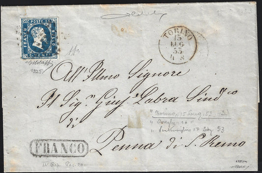 BO23-3 1853 - Letter sent from Turin to Penna di San Remo franked with c. 20 light blue IV carryover, splendid (2)