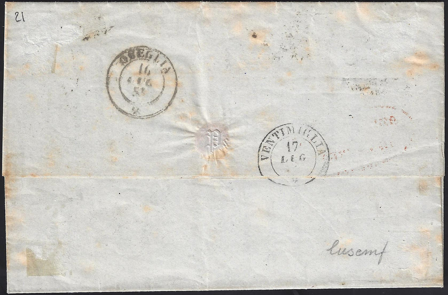 BO23-3 1853 - Letter sent from Turin to Penna di San Remo franked with c. 20 light blue IV carryover, splendid (2)