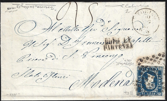 BO23-4 1853 - Letter sent from Turin to Modena franked with c. 20 light blue IV carryover, rare destiny (2)