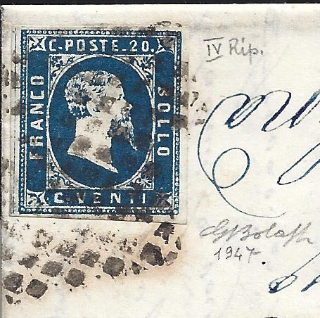 BO23-4 1853 - Letter sent from Turin to Modena franked with c. 20 light blue IV carryover, rare destiny (2)