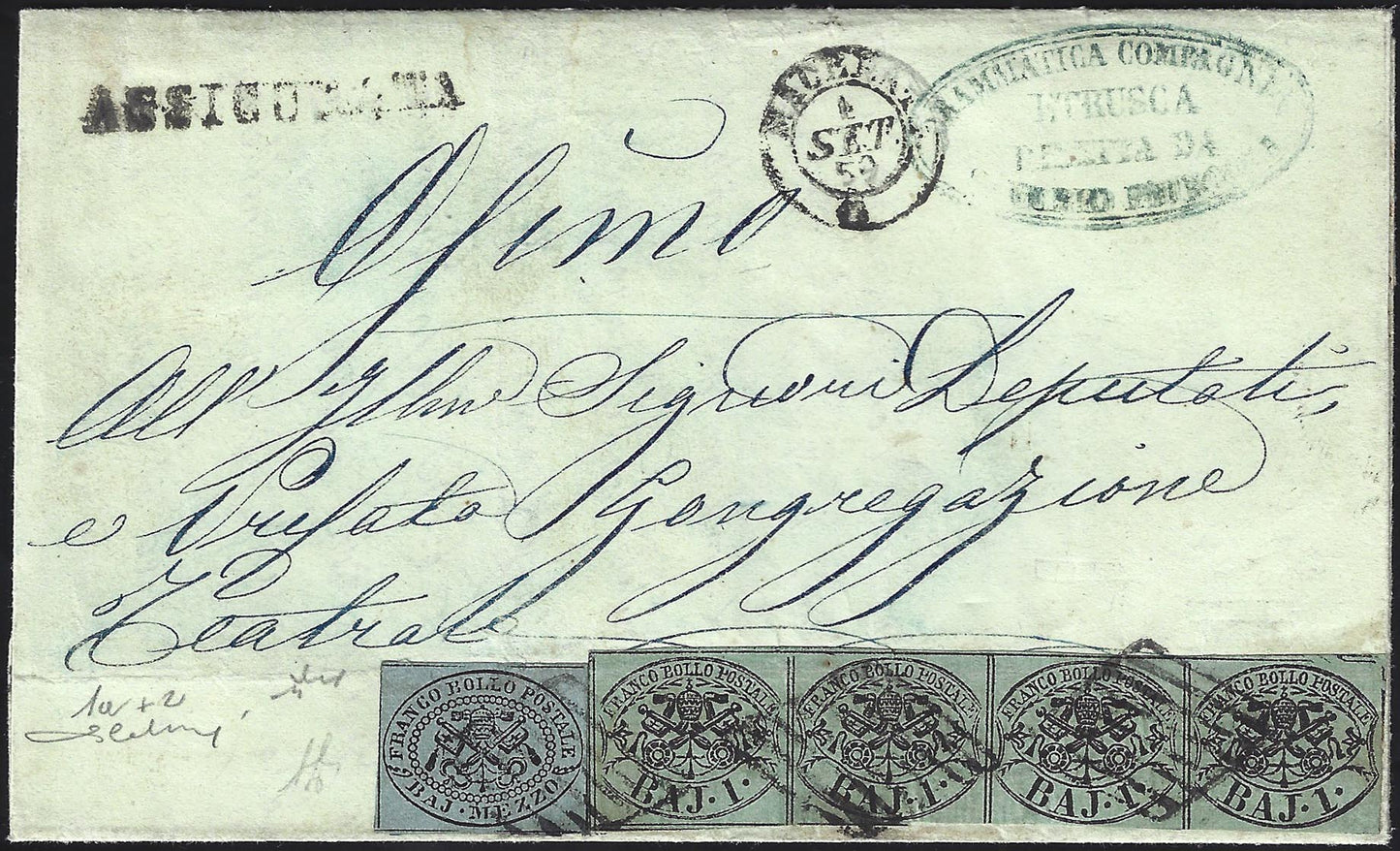 BO23-6 1859 - Lettera Assicurata spedita da Macerata per Osimo affrancata con 1/2 baj grigio azzurrastro + 1 baj verde grigio striscia di 4 (1a+2)