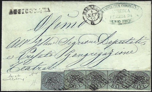BO23-6 1859 - Carta asegurada enviada desde Macerata a Osimo franqueada con 1/2 baj gris azulado + 1 baj gris verde tira de 4 (1º+2)