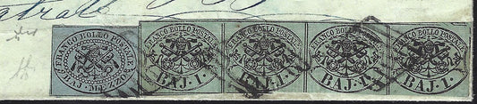 BO23-6 1859 - Insured letter sent from Macerata to Osimo franked with 1/2 bluish gray baj + 1 green gray baj strip of 4 (1st+2)