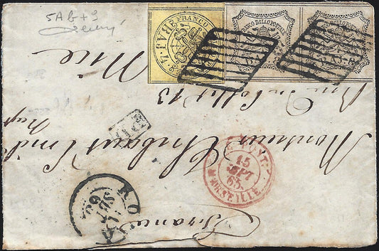 BO23-8 1863- Letter sent from Rome to Nice 16/9/65 franked with 4 light yellow baj + 8 white baj horizontal pair (5Ab+9)