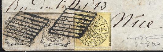 BO23-8 1863- Carta enviada desde Roma a Niza el 16/9/65 franqueada con 4 baj amarillo claro + 8 baj blancos horizontales (5Ab+9)