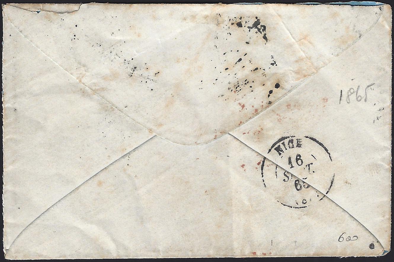 BO23-8 1863- Lettera pedita da Roma per Nizza 16/9/65 affrancata con 4 baj giallo chiaro + 8 baj bianco coppia orizzontale (5Ab+9)
