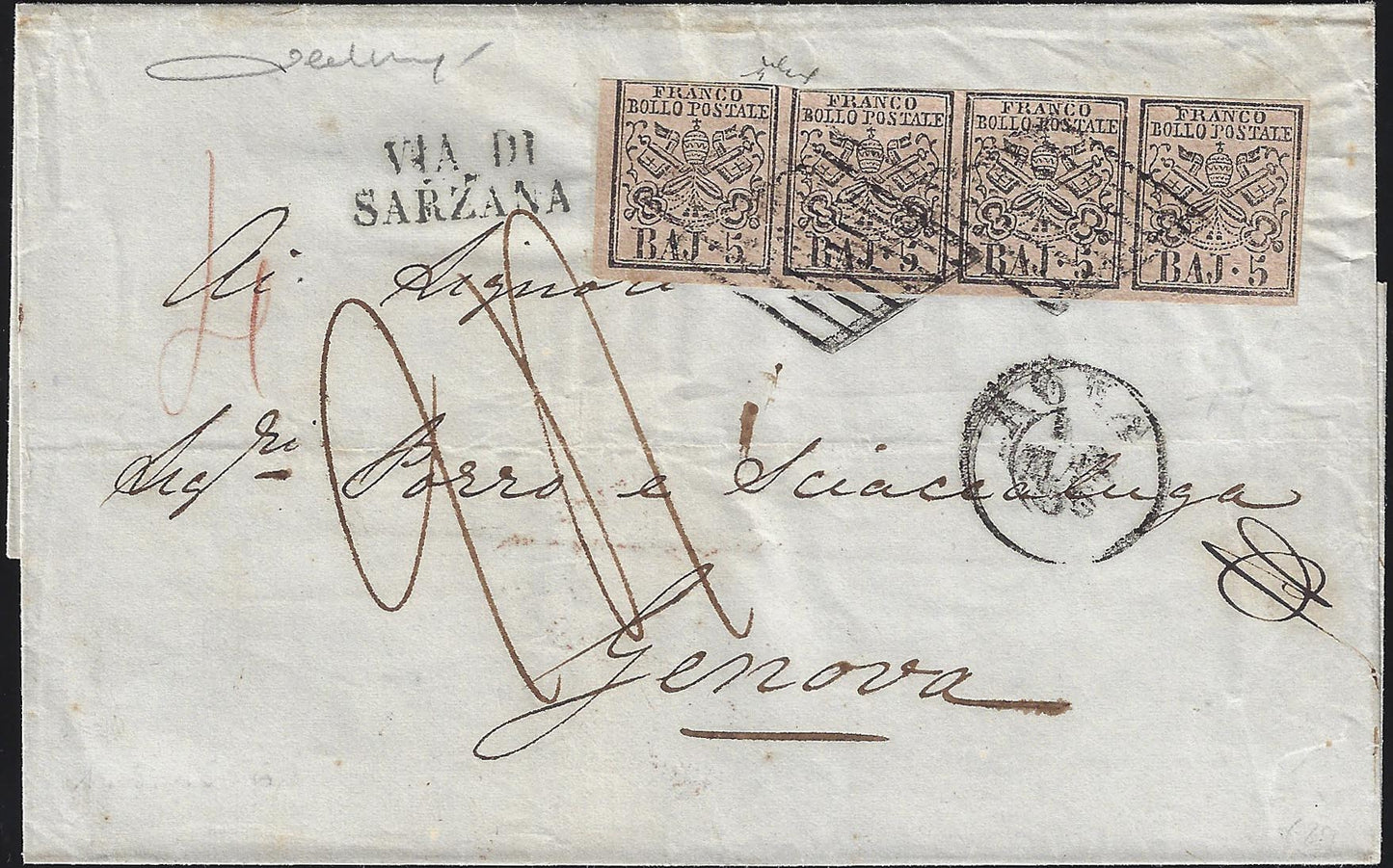 BO23-9 1856- Lettera spedita da Roma per Genova 1/3/56 affrancata con 5 baj rosa striscia di 4 esemplari (6)