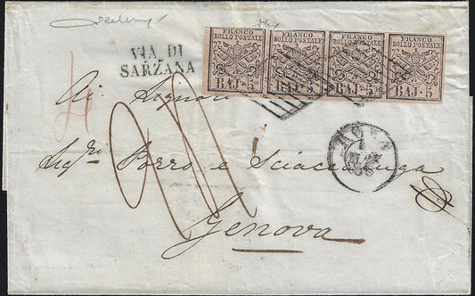 BO23-9 1856- Letter sent from Rome to Genoa 1/3/56 franked with 5 pink baj strip of 4 copies (6)