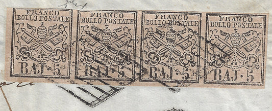 BO23-9 1856- Carta enviada desde Roma a Génova el 3/1/56 franqueada con 5 tiras baj rosa de 4 ejemplares (6)