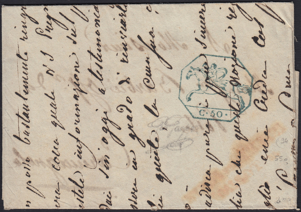 BO24_14 - 1821 - Cavallini, emissione provvisoria c. 50 azzurro all'interno di documento spedito da Torino per Carmagnola 30/3/1821 (3)