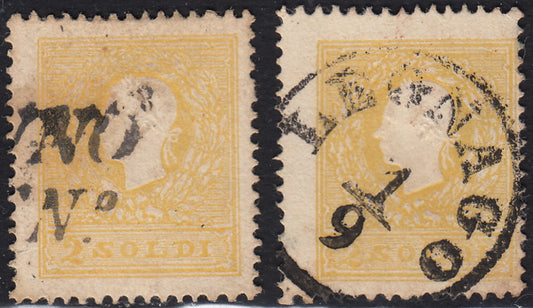 BO24_246 - 1859 - II emissione, s. 2 giallo e giallo vivo II tipo usati (28, 28a).