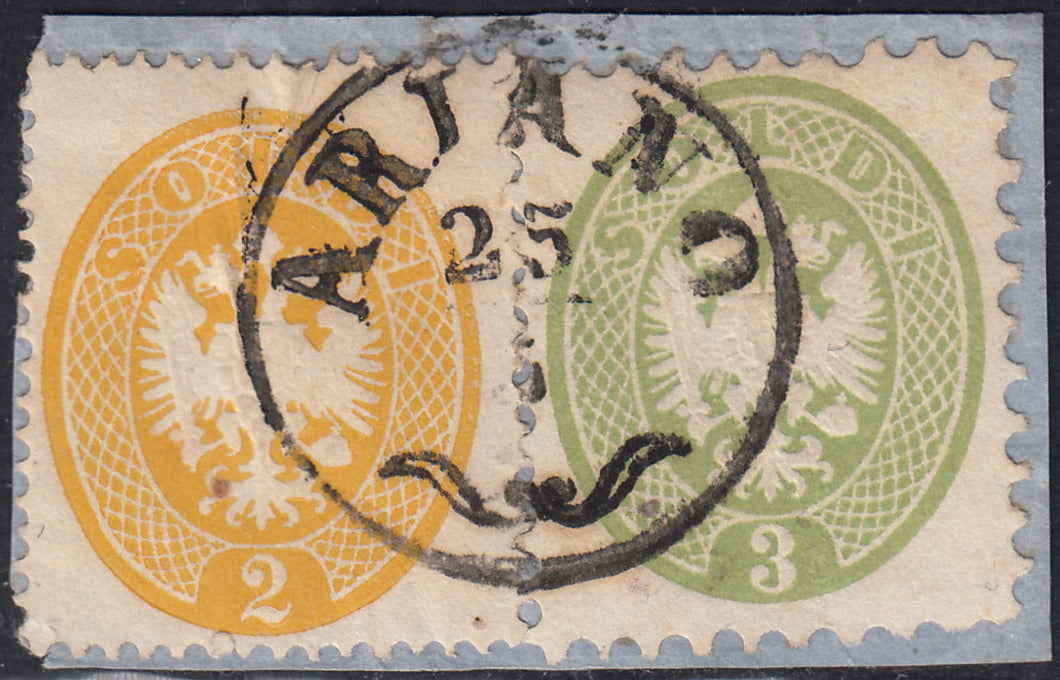 BO24_251 - 1864 - IV emissione s. 2 giallo + V emissione s. 3 verde usati su frammento con annullo di ARIANO (36 + 42).