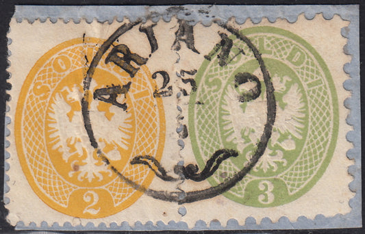 BO24_251 - 1864 - IV emissione s. 2 giallo + V emissione s. 3 verde usati su frammento con annullo di ARIANO (36 + 42).