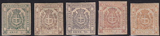 BO24_259 - 1859 - Scudo di Savoia sormontato da corona reale, lotto di cinque esemplari nuovi con gomma originale, alto valore di catalogo (12a, 14a, 16a, 17, 18)