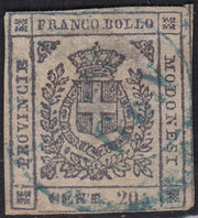 BO24_260 - 1859 - Scudo di Savoia sormontato da corona reale, c. 20 lilla violaceo scuro usato con annulo originale, (16b).