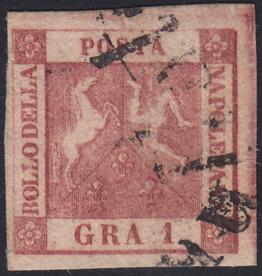 BO24_267 - 1858 - Stemma delle Due Sicilie, 1 grano rosa carminio II tavola usato (4)