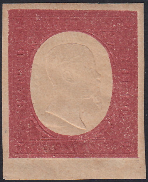 0104-19 - 1854 - III issue c. 40 brick red, II composition (Not Issued) without raised inscriptions and with the sole impression of the sovereign effigy new intact rubber (12c)