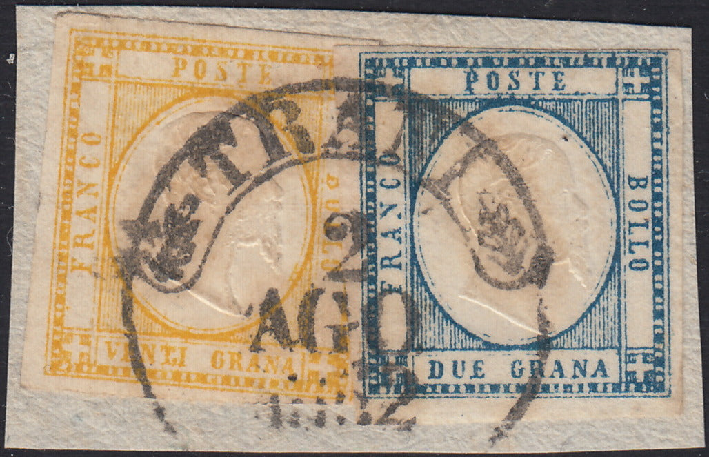 BO2511_22 - 1862 - Effigie di V.E. II volta a destra, gr. 2 azzurro + 20 grana giallo usati su frammento TRANI 2 AGO 62 (20b+ 23)