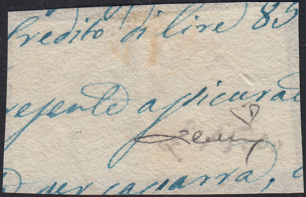 BO2511_22 - 1862 - Effigie di V.E. II volta a destra, gr. 2 azzurro + 20 grana giallo usati su frammento TRANI 2 AGO 62 (20b+ 23)