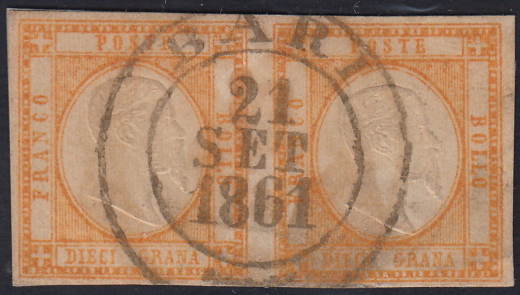 BO2511_30 - Effigie di V.E.II 10 grana arancio coppia orizzontale usata con il d.c. di BARI 21 SET 1861 (22)