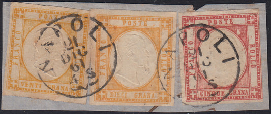 BO2511_34 - Effigie di V.E.II 5 gr. rosso carminio + 10 gr. arancio + 20 gr. giallo arancio usati su frammento Napoli 21/12/61 (21+22+23a)