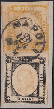 BO2511_35 - 1862 - Effigie di V.E.II 1 gr. nero intenso + 20 gr. giallo usati su frammento Napoli 28/7/62 (19c+23)