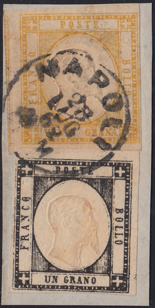 BO2511_35 - 1862 - Effigie di V.E.II 1 gr. nero intenso + 20 gr. giallo usati su frammento Napoli 28/7/62 (19c+23)