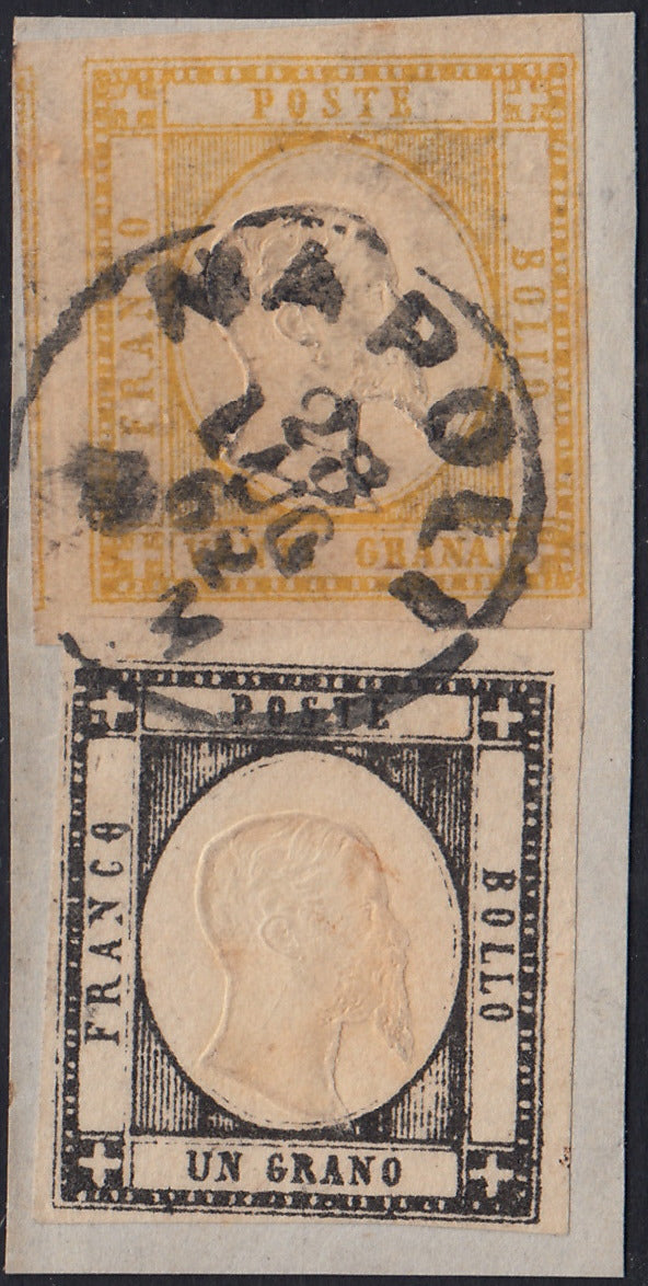BO2511_35 - 1862 - Effigie di V.E.II 1 gr. nero intenso + 20 gr. giallo usati su frammento Napoli 28/7/62 (19c+23)